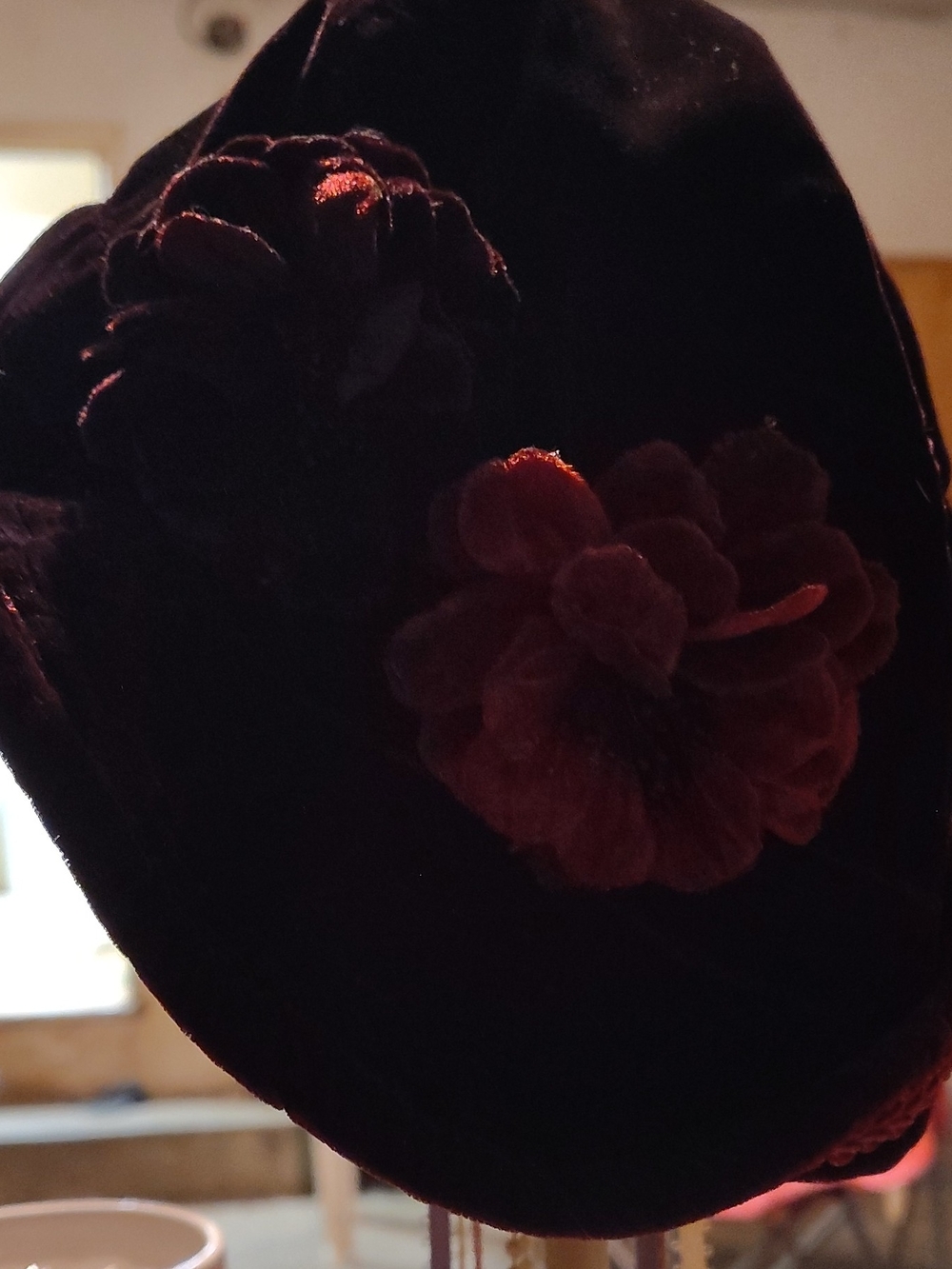 Velvet Floral Winter Hat - Deep Burgundy